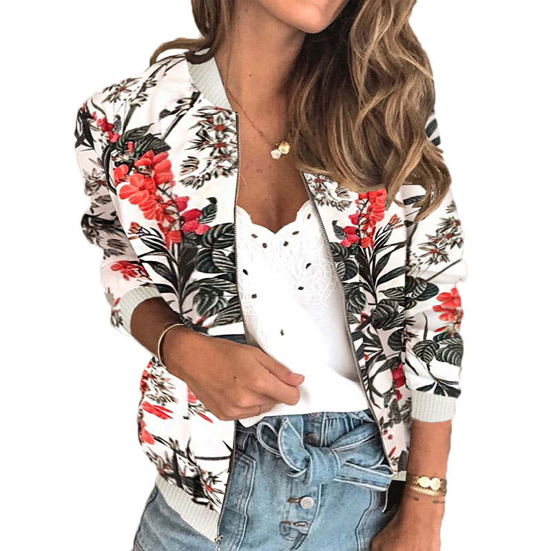 Womens Jackets Lightweight Zipper Bomber Jacket Cropped Coat-White Black Leaves