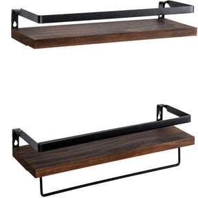 Floating Shelf Wall-mounted Storage Rack for Kitchen and Bathroom 2-piece Wooden Set-Brown