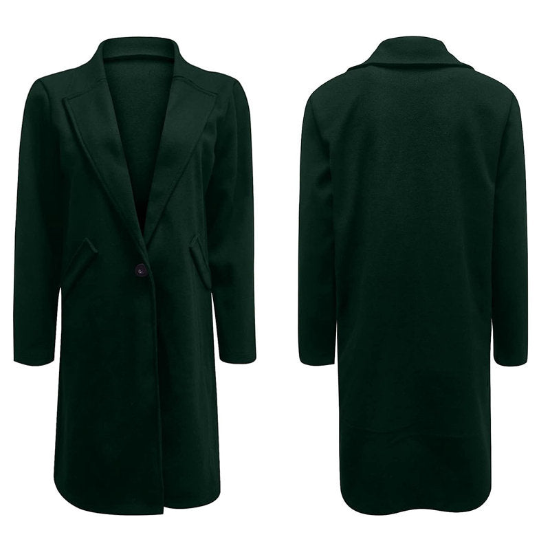 Elegant Womens Coat Lapel Solid Button Down Warm Long Outwear-DarkGreen