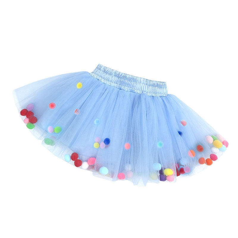 Girl Tutu Skirt Fluffy Toddler Tulle Tutus 3 Layers With Pom Pom Puff Balls-Blue