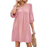 Womens Casual V Neck Dress 3/4 Sleeves Solid Color Loose Summer Dresses-Pink