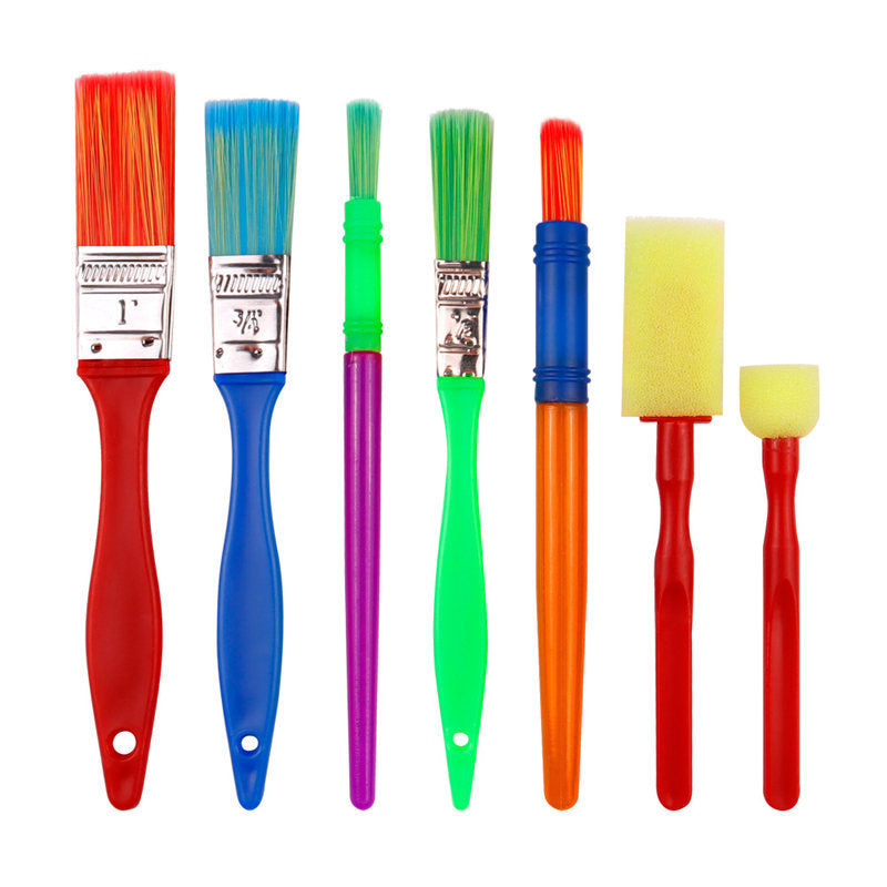 7 Pcs Kids Nylon Color Handle Paint Brushes and Sponge Tool Set