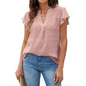 Womens Ruffle Shirts V Neck Short Sleeve Pom Chiffon Blouses Tops-Lotus Root Pink