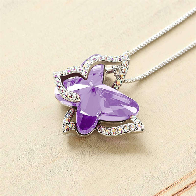 Butterfly Birthstone Crystal Pendant Necklace Gifts for Women Girls-LightPurple
