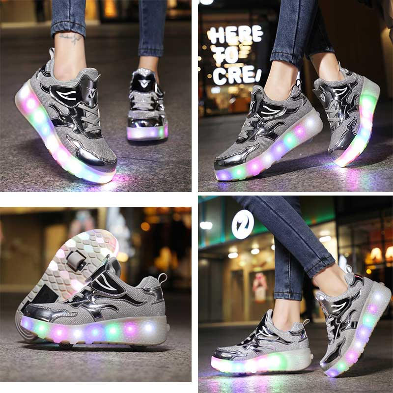 Kids LED Roller Skates Fashion Sneakers with Double Wheel-E67-Silver