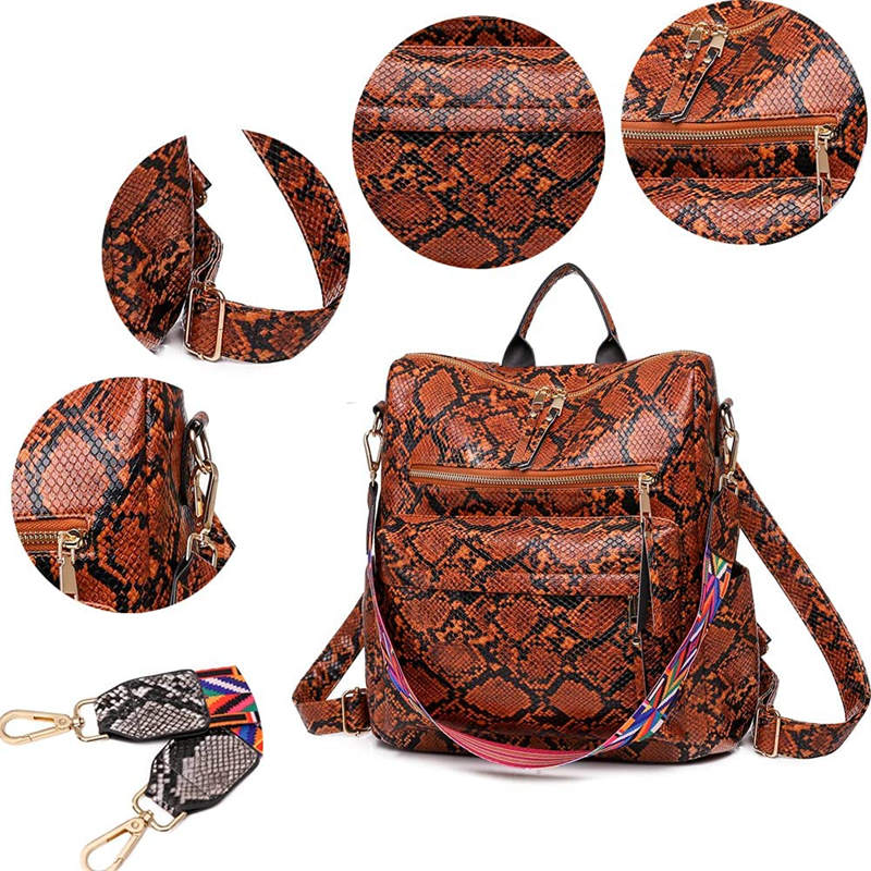 Fashion Backpack Multipurpose Print Leather Travel Shoulder Bag-Brown Snake Pattern