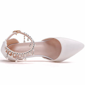 Pointed Toe 7.5cm High Heel Pearl Ankle Strap Wedding Dress Pump-White