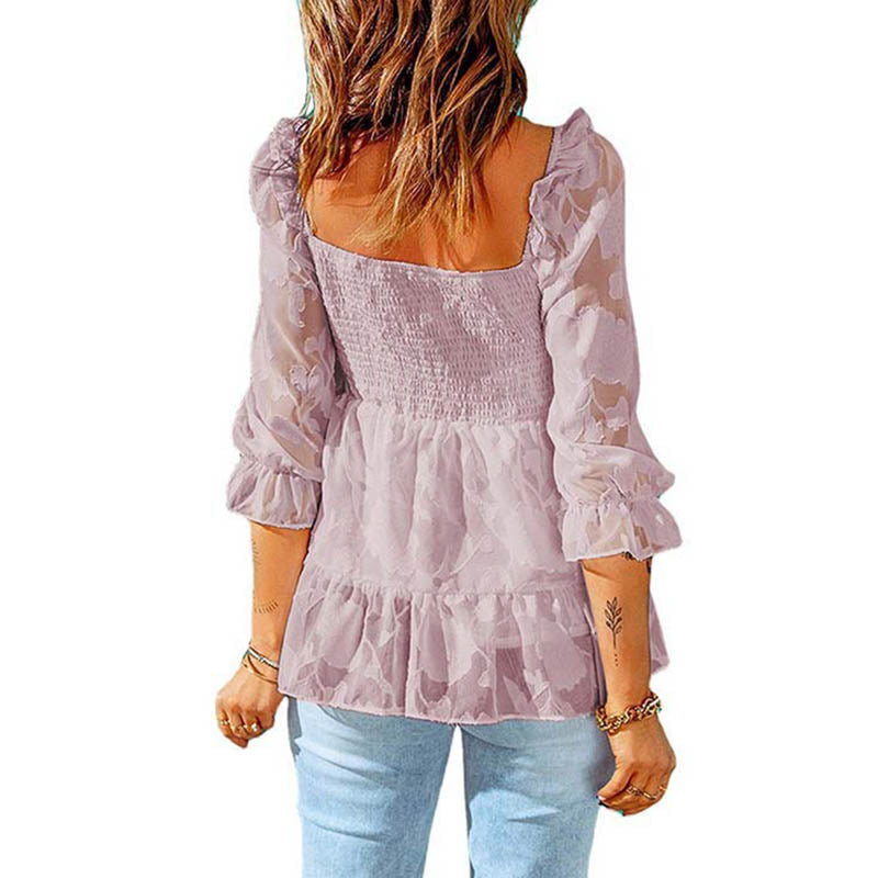 Womens Floral Textured Square Neck Ruffle 3/4 Sleeve Peplum Top Blouse-Pink