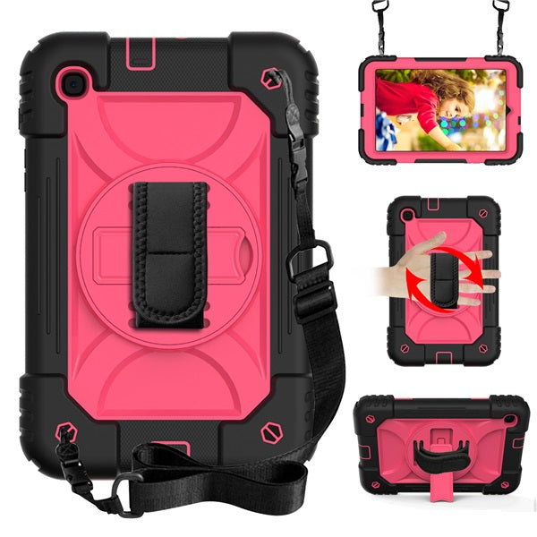 Rainbow Tablet Case Kickstand/Hand+Neck Strap An-fall Protective Cover For Samsung Galaxy Tab A 8.4 T307 2020-Black&Hot Pink