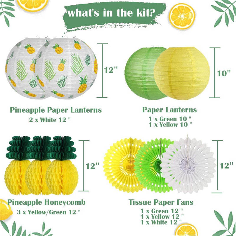 10pcs Hawaiian Party Decorations Pineapple Honeycomb Ball Paper Lanterns Paper Fans for Birthday Luau Tropical Bachelorette Party