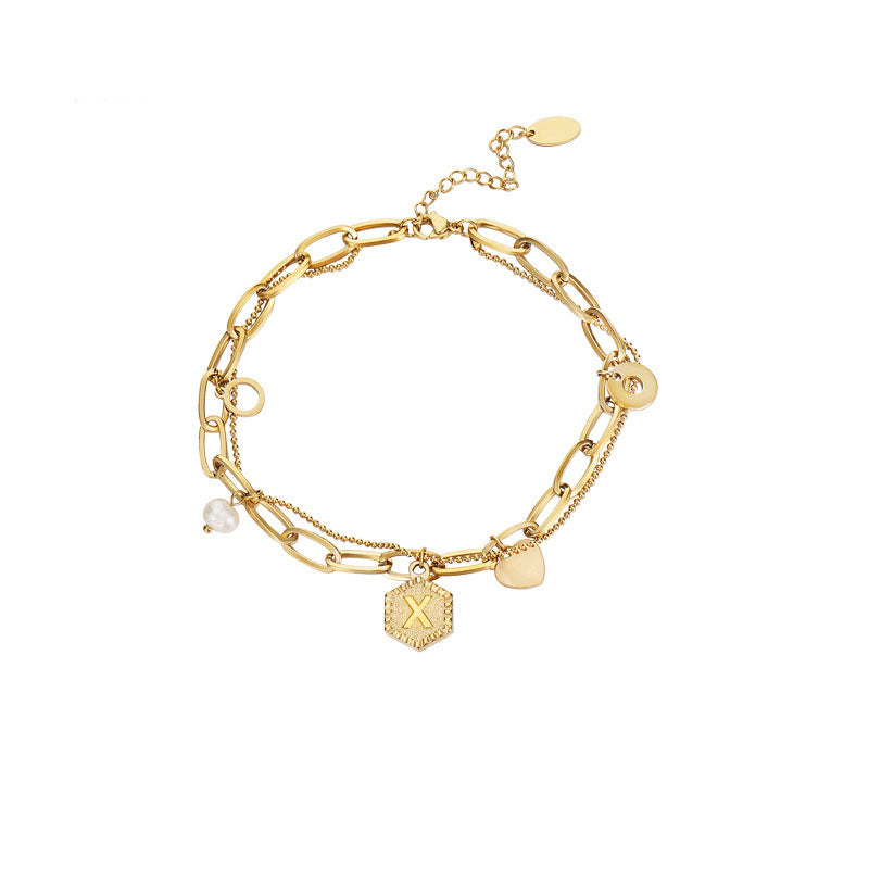 Gold Initial Bracelets for Women Letters Hexagon Pendant Chain-X