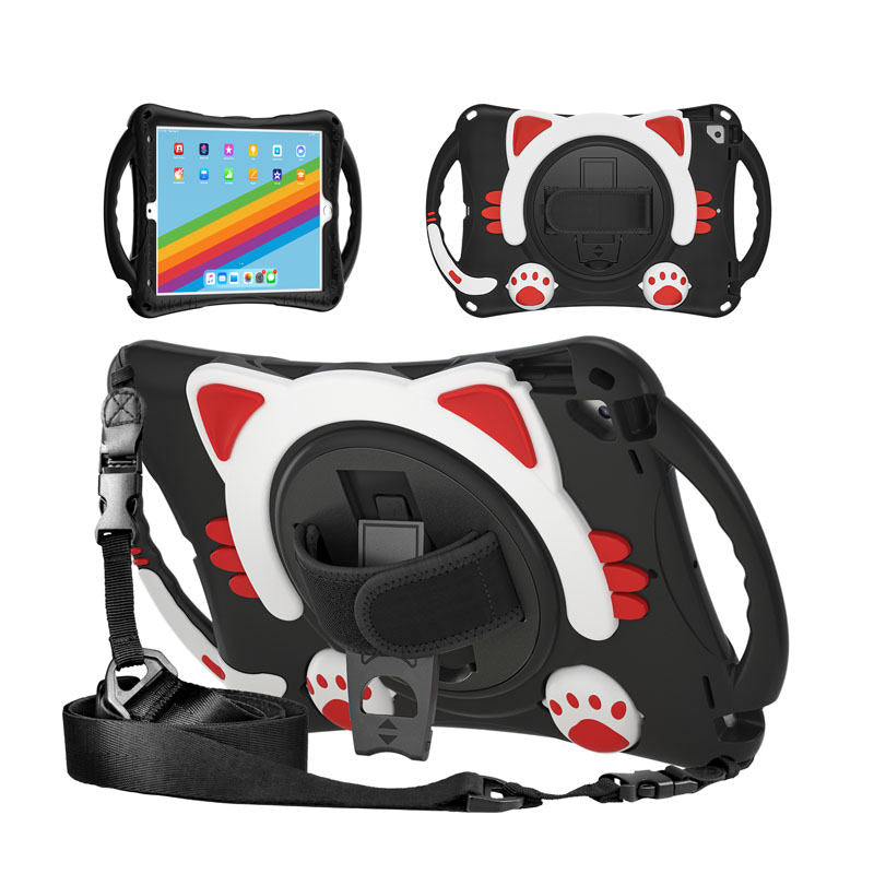CatA iPad Silicone Case For iPad 10.2 Air10.5 Pro10.5 Built-in Handle Stand With a Strap-Black Red