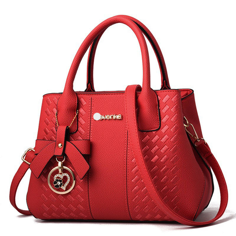 Fashion Womens PU Leather Embroidered Handbags Shoulder Tote Bags-Red