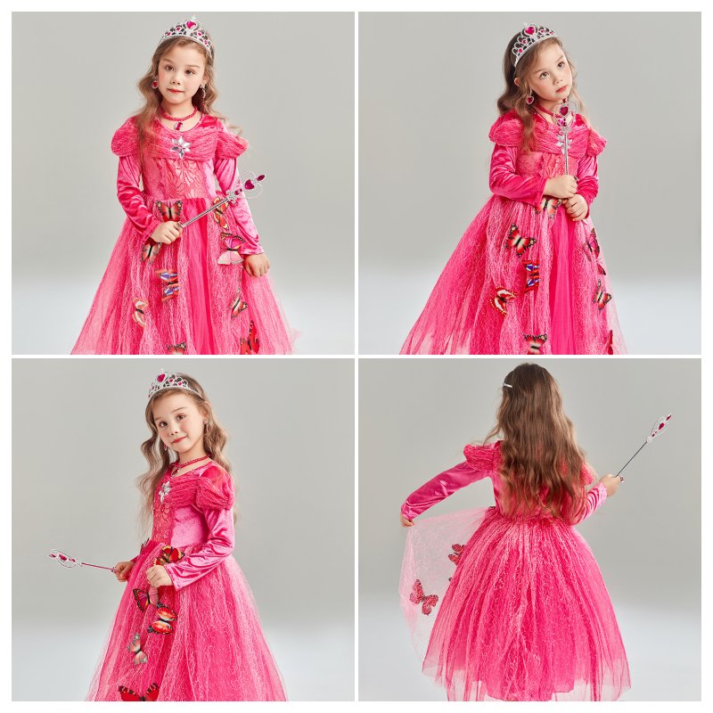 Girls Princess Dress with Accessories Butterflies Tulle Long Sleeve Gown-Pink