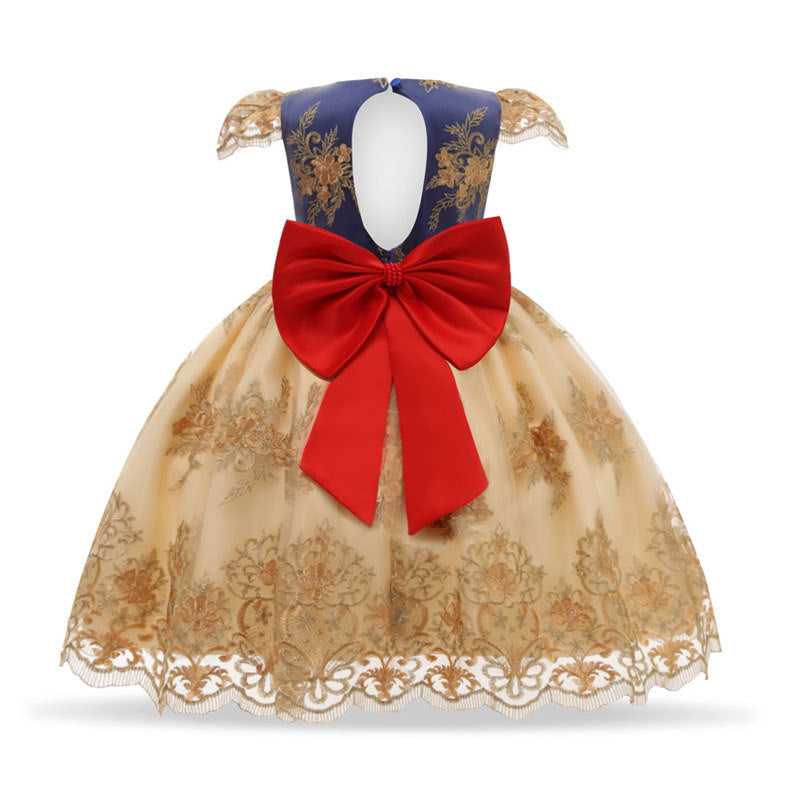 Girl Flower Lace Printed Cotton Elegant Tulle Bow Belt Princess Dress-Red