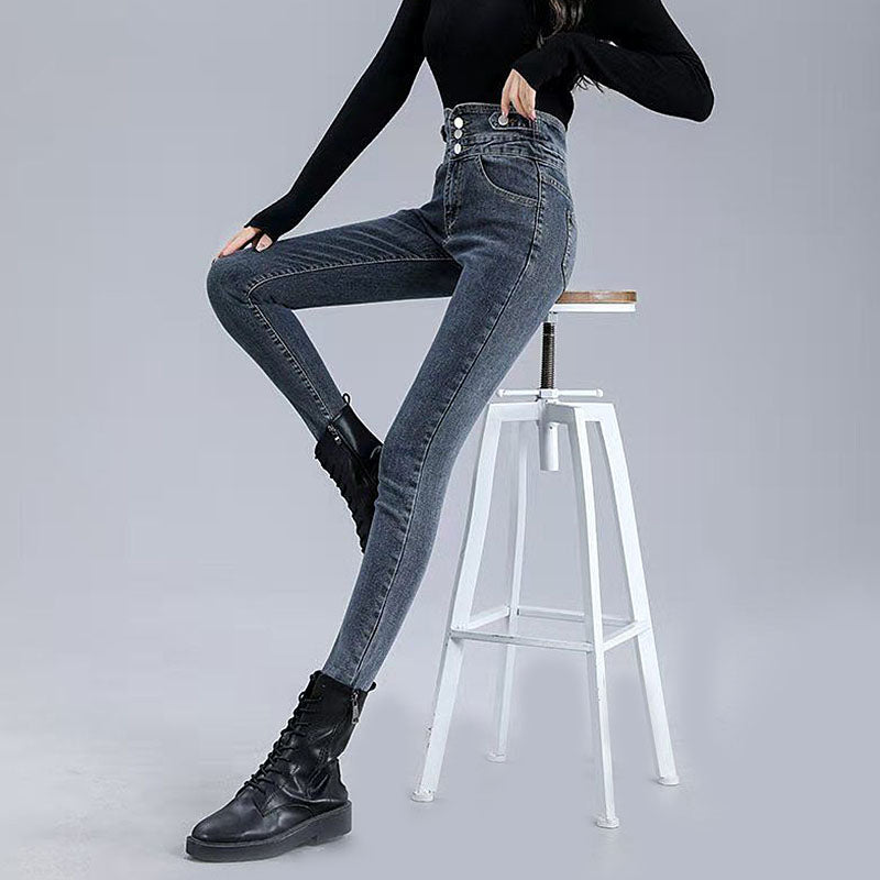 Womens Jeans Button up Stretch Slim Fit High Rise Denim Pants-Grey Blue