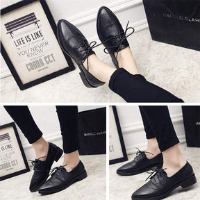 Womens Lace-up Brogue Shoes Classic Wingtip Leather Oxfords Low Heel-Black