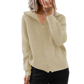 Womens Zip Up Lapel Knit Cardigan Sweaters V Neck Long Sleeve-Khaki