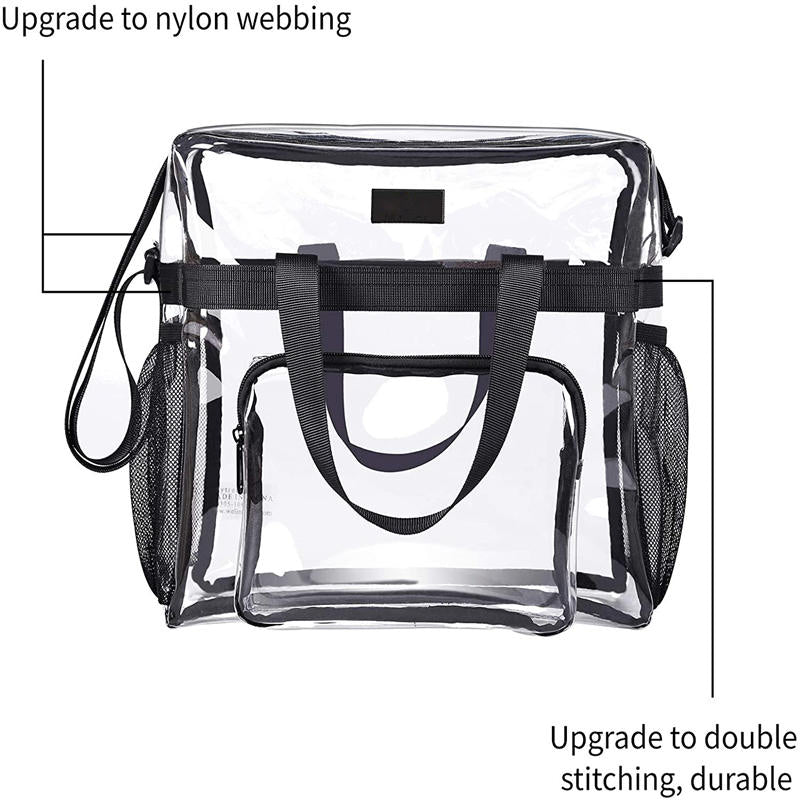 PVC Large Capacity Transparent Travel Tote Bag for Work Stadium Approved-Black