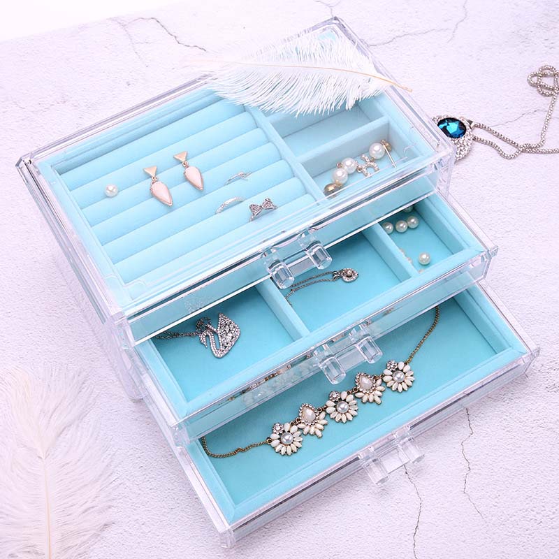 Jewelry Boxes for Women with 3 Drawers Velvet Jewelry Organizer for Earring Necklace Storage-Blue