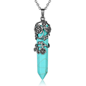 Antique Silver Flower Wrapped Crystal Necklace-Turquoise