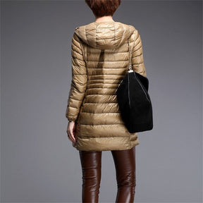 Womens Lightweight Puffer Jacket Hooded Winter Mid Length Coat-Champagne