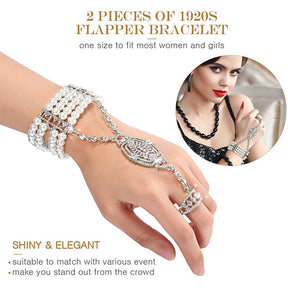 Pearl Crystal Bracelet Ring All-in-one Chain + Layered Pearl Necklace-Silver