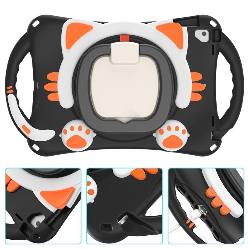 CatB Silicone Case For iPad Pro 9.7 inch Air1/2 Shockproof Shoulder Strap Handle Stand-Black Orange
