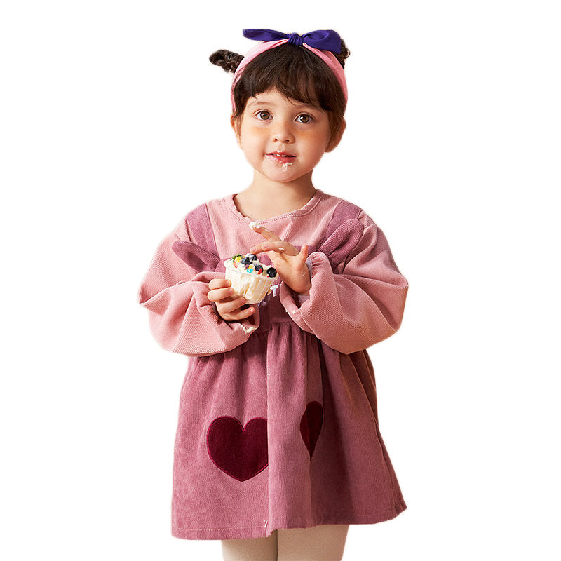 Kids Cute Long Sleeve Smock Corduroy Bib for Age 3-8 Years-Pink