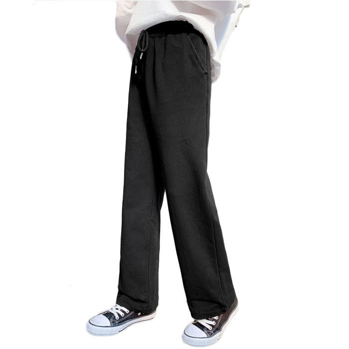 Girls Joggers Long Pants Pockets Outdoor Casual Wide Leg Pants with Drawstring Knitting-Black
