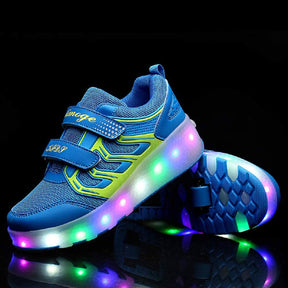 Kids Two Wheels Sneakers with Lights Rechargeable Roller Skates Shoes for Boys Girls-Blue