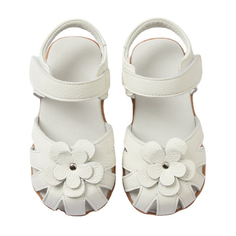 Flat Sandals for Toddler Girls Closed-Toe with Flower Summer Shoes-White
