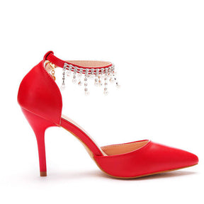 Pointed Toe 9.5cm High Heel Pearl Ankle Strap Wedding Dress Pump-Red