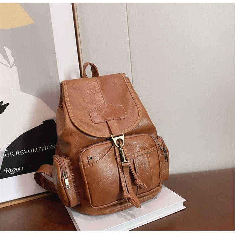 Teenager Leather Backpack Wallet Travel Drawstring Backpack-LightBrown