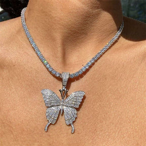 Sparkly Butterfly Rhinestone Pendant Necklaces for Women and Girls-Silver