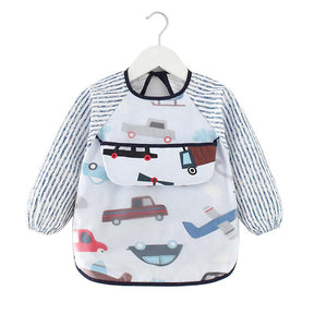 Kids Waterproof Art Smock Cartoon Long Sleeve Aprons with Bib-Airplane and Car