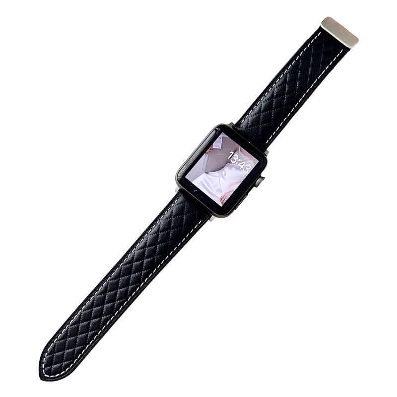 Vintage Leather Band Rhombus Pattern Magnetic Clasp for Apple Watch-Black