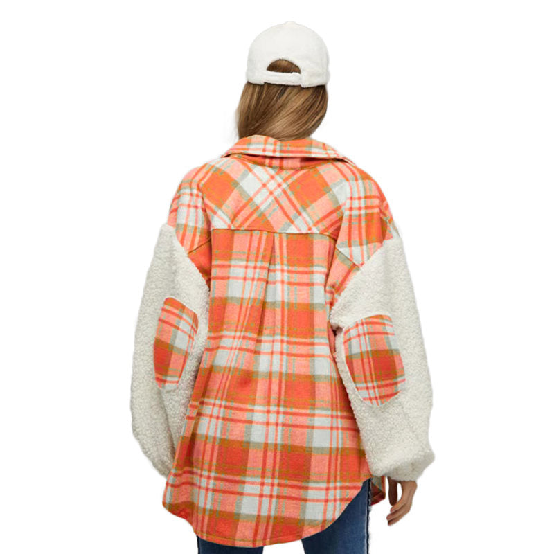 Womens Plaid Jacket Sherpa Patchwork Thickened Oversized Coat-Orange