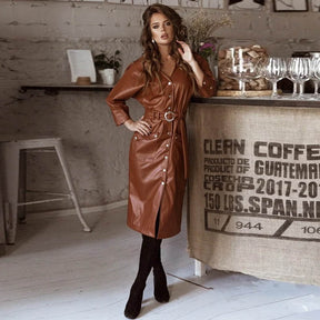 Womens PU Leather Dress V Neck 3/4 Sleeve with Belt Sexy Dress Spring-Brown