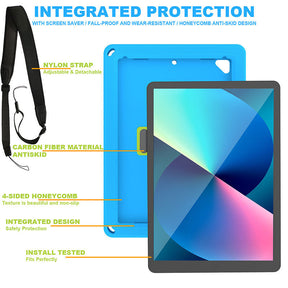 iPad Case With Handle Stand Shoulder Strap for iPad5 2018 9.7-BlueGreen