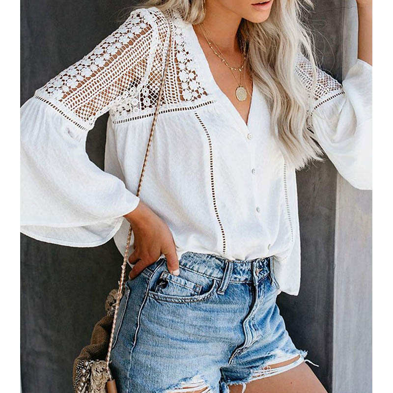 Womens V-neck Lace Crochet Shirt Flare Sleeve Buttoned Blouses-White