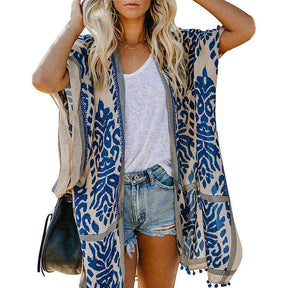 Women Print Kimono Tassel Casual Cardigan V Neck Loose Swimsuit Cover Up Beachwear-Blue