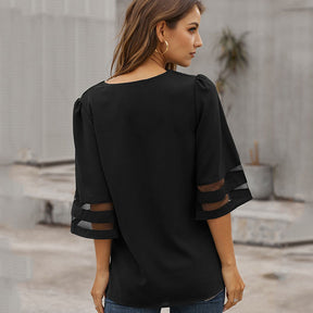 Womens V Neck 3/4 Sleeve Blouse Mesh Panel Shirt Solid Flowy Loose Top-Black