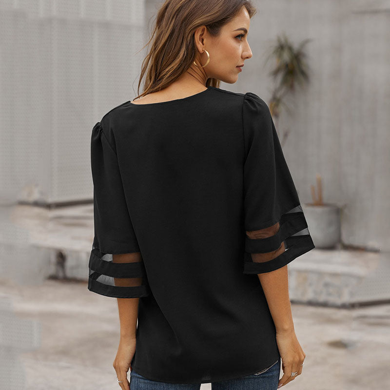 Womens V Neck 3/4 Sleeve Blouse Mesh Panel Shirt Solid Flowy Loose Top-Black