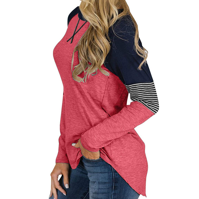 Womens Color Block Round Neck Tunic Top Casual Long Sleeve Shirt-Red