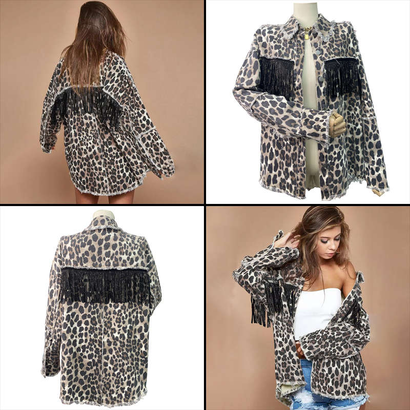 Womens Leopard Print Jacket Button Down Fringe Vintage Denim Coat