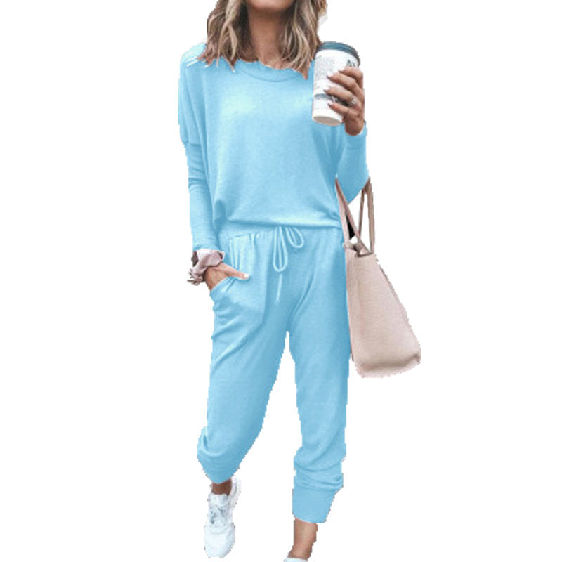 Women Loose Solid Color Long Sleeve Top Casual Drawstring Pants with Pockets-SkyBlue