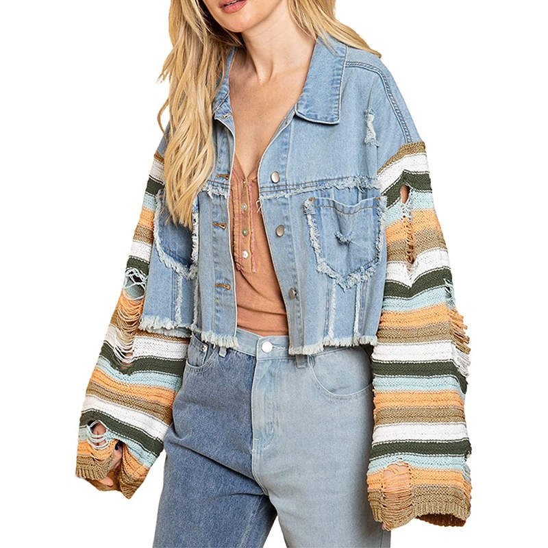 Womens Patchwork Denim Jacket Rainbow Knit Long Sleeve Crop Coat-Blue