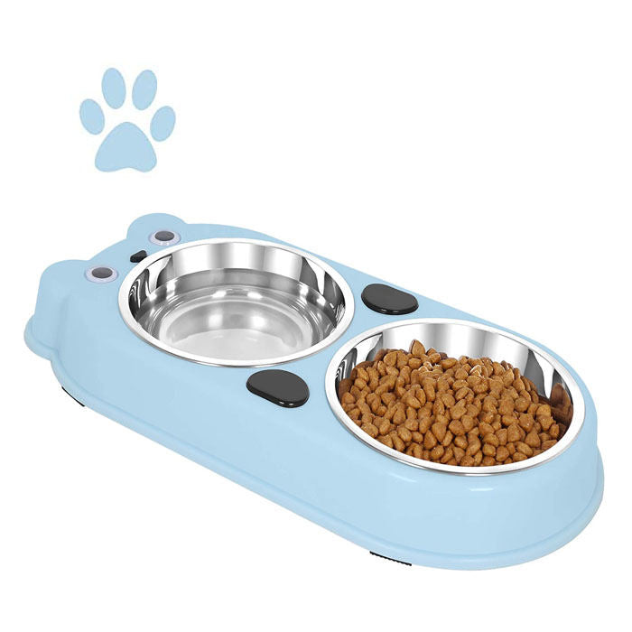 Dog Cat Bowls Double Premium Stainless Steel Pet Bowls with Cute Modeling-Blue