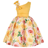 Oblique Shoulder Childrens Dress Rose Print Dress Girls Evening Party Costume-Yellow